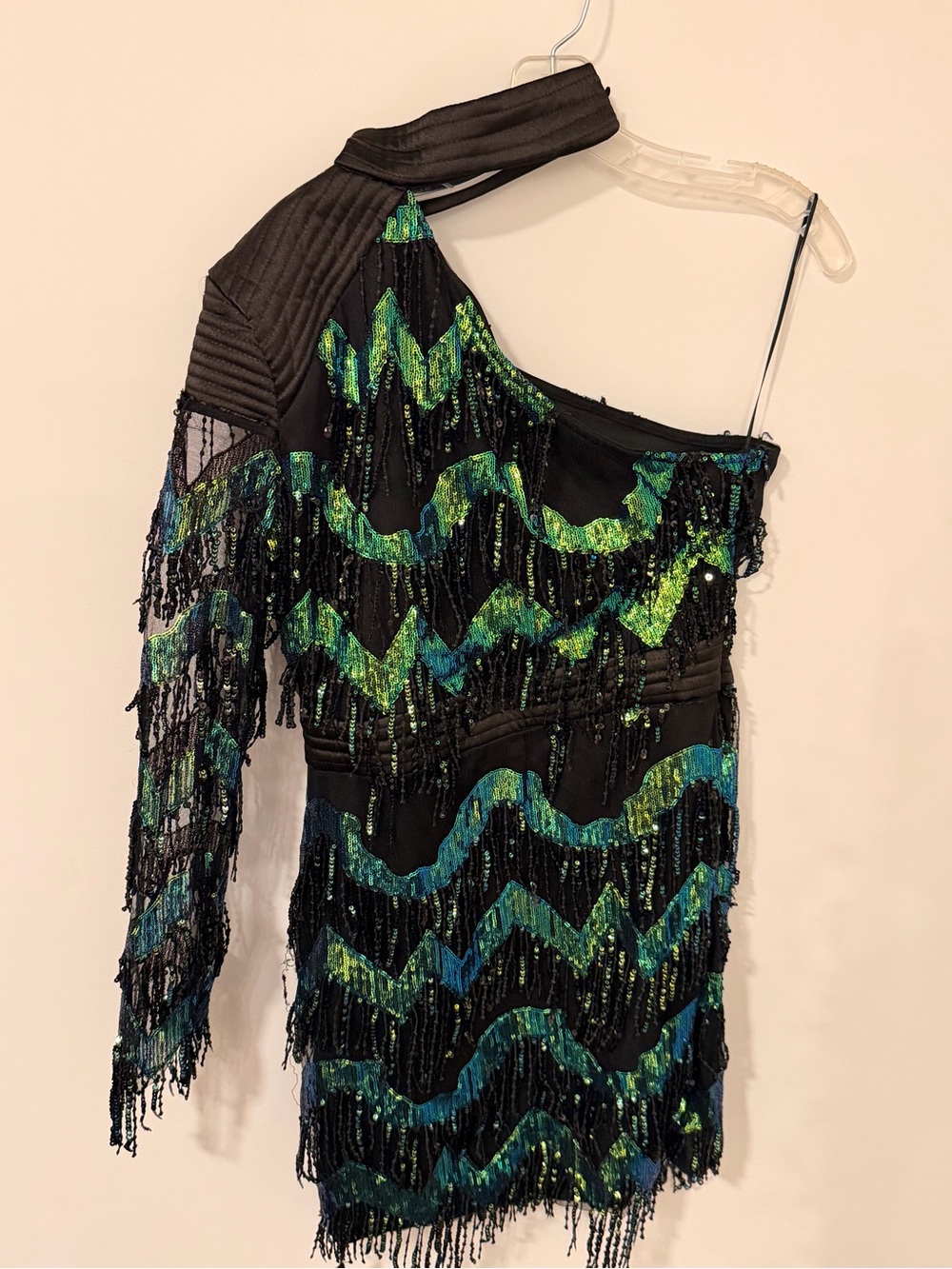 Black One-Shoulder Sequin Fringe Top with Green & Teal Accents